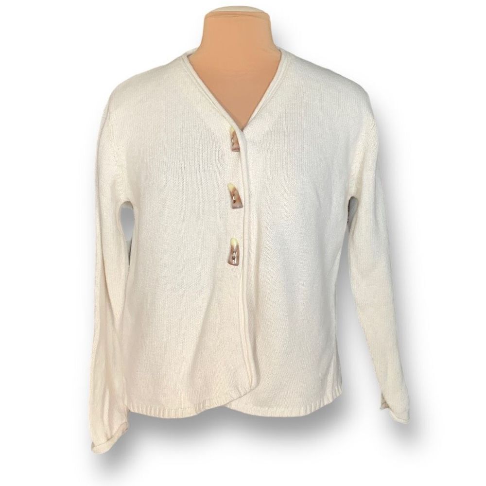 Vintage 90s Cardigan Sweater Oatmeal Cream Boxy Cropped Knit Wool Blend Vneck